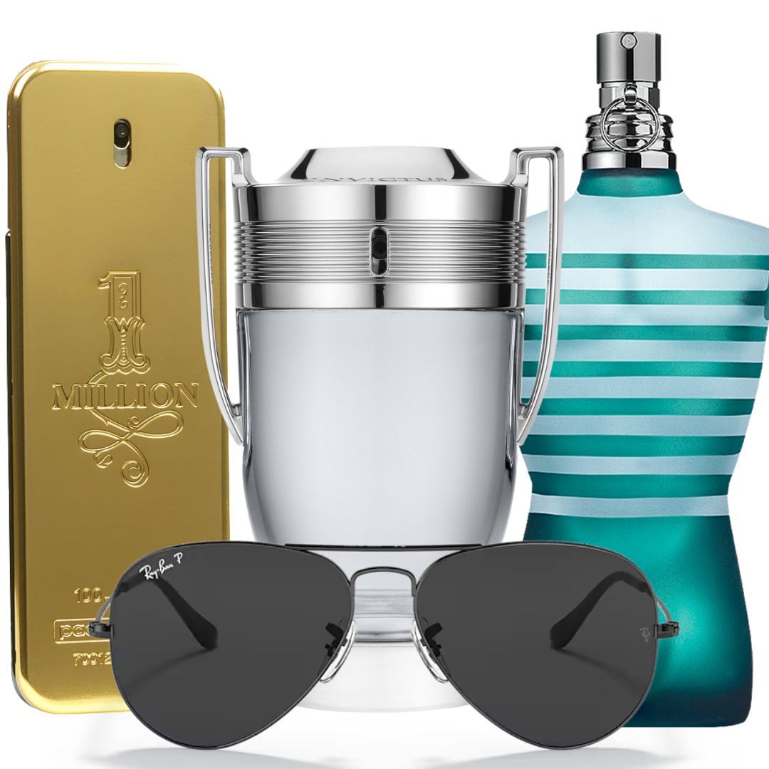 Pack Élite Masculino – 3 Perfumes Icónicos + Gafas Ray-Ban por el Precio de 1